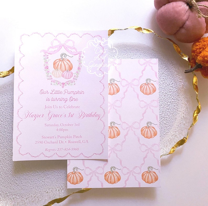 Watercolor Pumpkin Invitation, Pumpkin Bow Invite, Pumpkin Invitation, First Birthday, Fall Birthday, Pumpkin Bow Invitation, Pumpkin Bow Pattern, Pumpkin patch invitation, Fall Party, Scallop Invitation, Bow Pumpkin Invitation