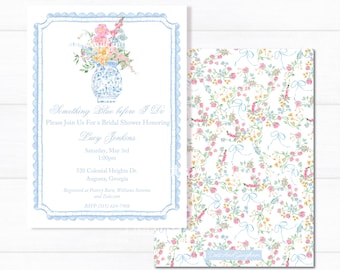 May include: A blue and white floral bridal shower invitation with a blue and white porcelain vase with flowers. The invitation says "Something Blue before I Do" and includes the bride's name, date, time, and location. RSVP information is also included.