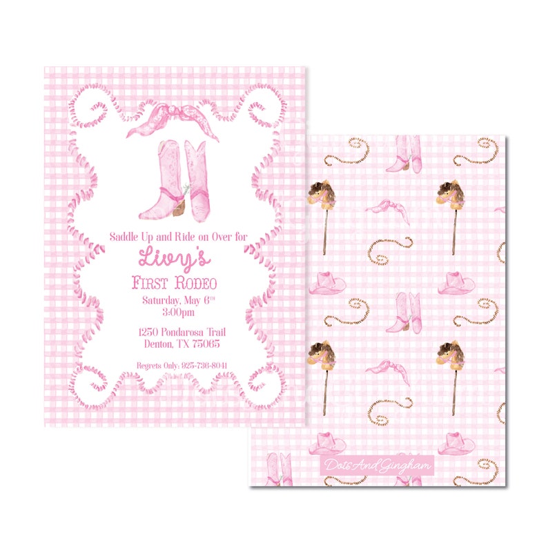 Watercolor Cowgirl Invitation, Watercolor First Rodeo Invite, Cowboy Boots, Stick Horse, Pink Gingham, Rope, Buckaroo Invite, Cowgirl Invite, First Rodeo Party, First Rodeo Birthday