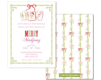 May include: A set of Christmas-themed Mahjong party invitations. The front features text that reads "Let's Jingle and Mingle for a Festive Night of Merry Mahjong." The back has a pattern of green bamboo stalks with pink bows.