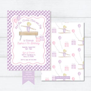 May include: Purple and white gingham patterned invitation for a girl's 5th birthday party. The invitation features a cartoon girl doing a gymnastics pose on a balance beam. The text on the invitation reads "Let's Flip Tumble, Twirl and Play to Celebrate Sophia's 5th Birthday".