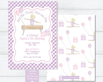May include: Purple and white gingham patterned invitation for a girl's 5th birthday party. The invitation features a cartoon girl doing a gymnastics pose on a balance beam. The text on the invitation reads "Let's Flip Tumble, Twirl and Play to Celebrate Sophia's 5th Birthday".
