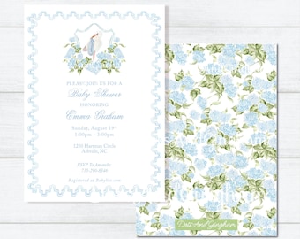 Stork Hydrangea Baby Shower Invitation, Baby Boy Shower Invitation, Floral Crest and Stork, Watercolor Hydrangea Stork Invitation