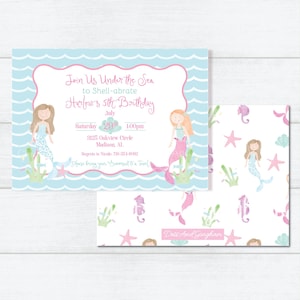 May include: A light blue and pink invitation with a mermaid illustration. The invitation reads "Join Us Under the Sea to Shell-abrate Harlow's 5th Birthday" with the date and time of the party. The background is a light blue with a wavy pattern.