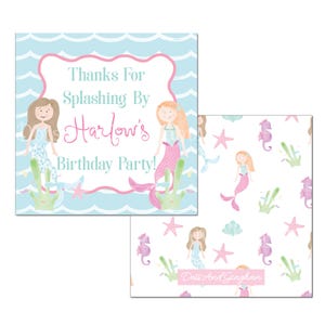 May include: A blue and pink thank you card with a mermaid theme. The card says "Thanks for Splashing By Harlow's Birthday Party!" and features two mermaids with seaweed and starfish. The background is a light blue with white waves.