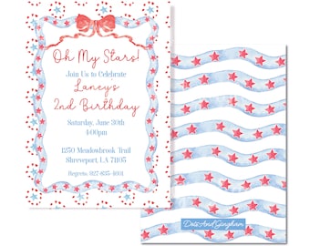 May include: A watercolour birthday invitation with a patriotic theme. The invitation features red stars and blue ribbons, with the text "Oh My Stars!" and details for a second birthday celebration. The back of the invitation has a pattern of red stars on blue ribbons.