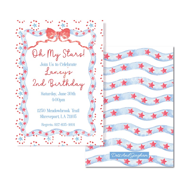 Oh My Stars Invitation, Wavy Edge Invitation, Bow Invite, Grandmillenial, Watercolor Patriotic Invitation, Red White and Two, Fourth of July
