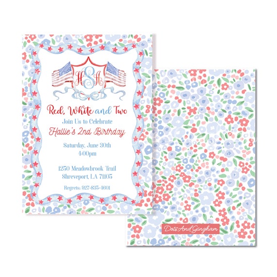 Red White and Two Invitation, Oh my Stars Invite, Patriotic Invitation, Fourth of July, Watercolor Flag Crest Invite
