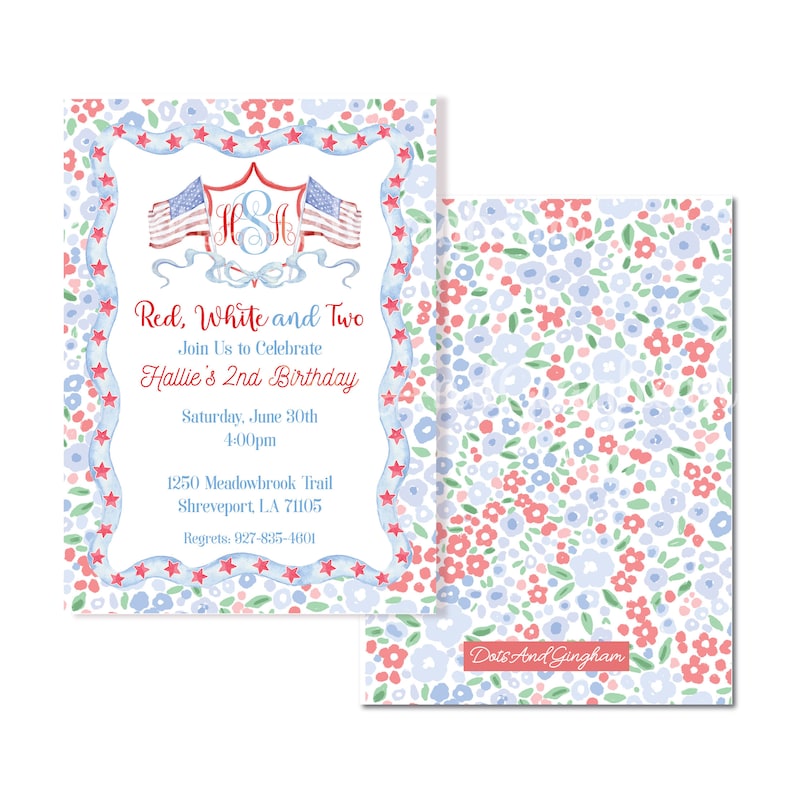 Red White and Two Invitation, Wavy Edge Invitation, Bow Invite, Grandmillenial, Watercolor Patriotic Invitation, Fourth of July, Oh My Stars, Milifleur, Ditsy floral