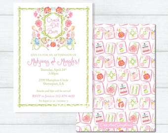May include: A pink and green invitation with a bamboo border. The invitation is for a Mahjong and Mingles party on Thursday, April 24th at 3:00pm. The address is 2590 Hampton Circle, Shreveport, LA. The RSVP information is 312-879-4650. The invitation has a graphic of a Chinese pagoda with birds and flowers.