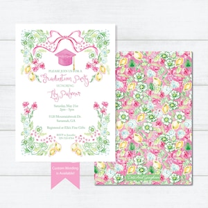 May include: A pink and green graduation party invitation with a watercolor design of lemons, flowers, and a graduation cap. The invitation reads "Please join us for a Graduation Party honoring Lily Palmer" with the date, time, and location. The text "Custom Wording is Available!" is at the bottom of the invitation.