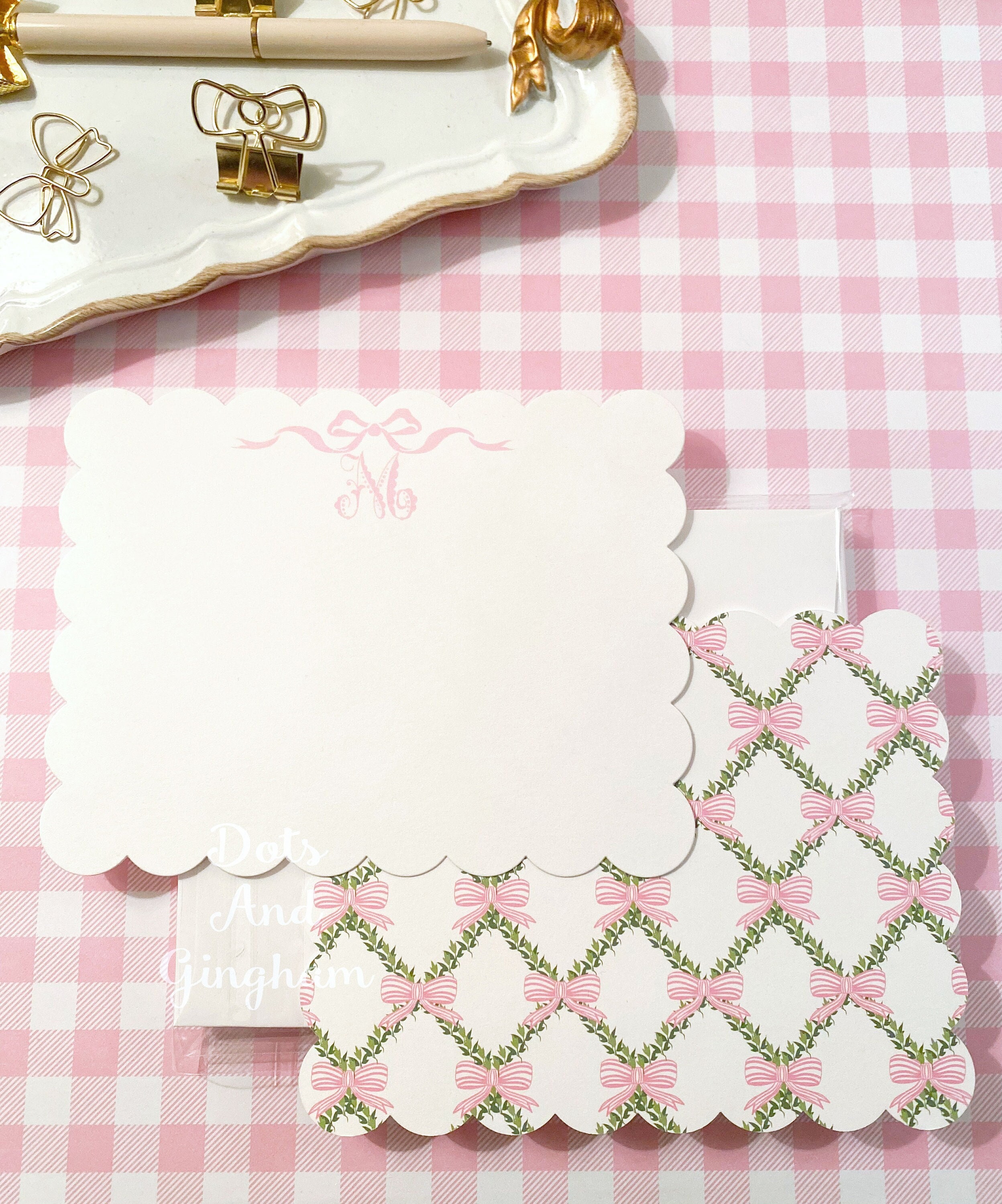Personalized Trellis Bow Note Cards / Womens Note Card / Girl Stationery / Scallop Note Card / Note Cards & Envelopes / Boxwood Ivy Notecard