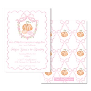 Watercolor Pumpkin Invitation, Pumpkin Bow Invite, Pumpkin Invitation, First Birthday, Fall Birthday, Pumpkin Bow Invitation, Pumpkin Bow Pattern, Pumpkin patch invitation, Fall Party, Scallop Invitation, Bow Pumpkin Invitation