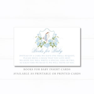 May include: A blue and white baby shower insert card with a stork and flowers. The text reads "Books for Baby" and "Instead of a card, we have one small request, please bring a book that you love best. We hope you will write a special line or two, so each time we read it, we will think of you."