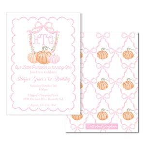 Watercolor Pumpkin Invitation, Pumpkin Bow Invite, Pumpkin Invitation, First Birthday, Fall Birthday, Pumpkin Bow Invitation, Pumpkin Bow Pattern, Pumpkin patch invitation, Fall Party, Scallop Invitation, Bow Pumpkin Invitation