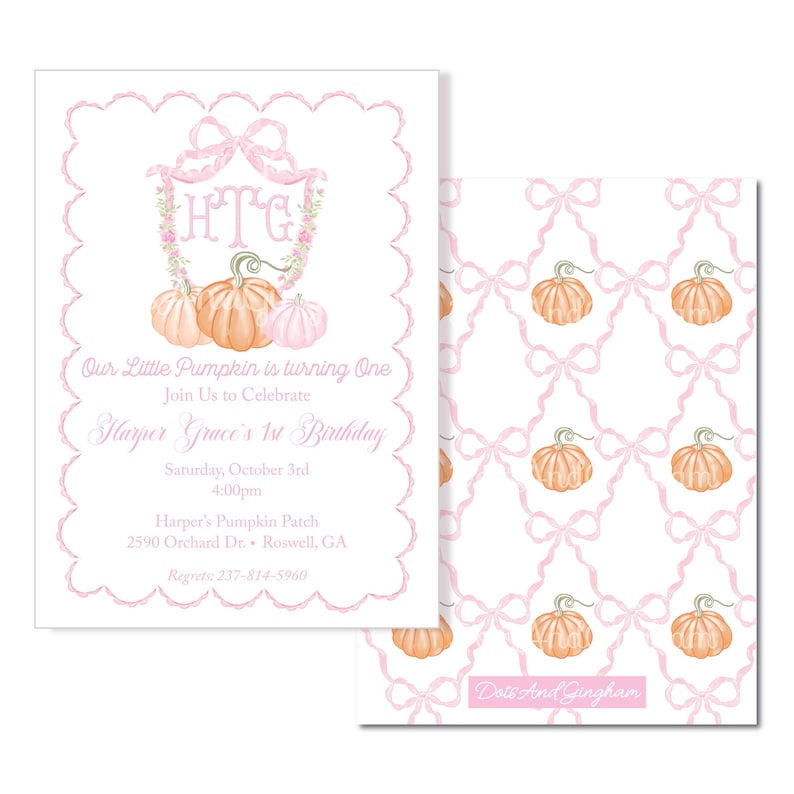 Watercolor Pumpkin Invitation, Pumpkin Bow Invite, Pumpkin Invitation, First Birthday, Fall Birthday, Pumpkin Bow Invitation, Pumpkin Bow Pattern, Pumpkin patch invitation, Fall Party, Scallop Invitation, Bow Pumpkin Invitation