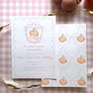 Watercolor Pumpkin Invitation, Pumpkin Bow Invite, Pumpkin Invitation, First Birthday, Fall Birthday, Pumpkin Bow Invitation, Pumpkin Bow Pattern, Pumpkin patch invitation, Fall Party, Scallop Invitation, Bow Pumpkin Invitation