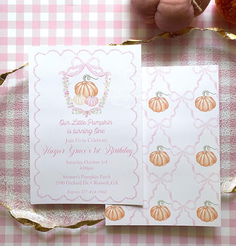 Watercolor Pumpkin Invitation, Pumpkin Bow Invite, Pumpkin Invitation, First Birthday, Fall Birthday, Pumpkin Bow Invitation, Pumpkin Bow Pattern, Pumpkin patch invitation, Fall Party, Scallop Invitation, Bow Pumpkin Invitation