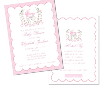 Baby Shower Watercolor Invitation, Baby Carriage Invitation, Floral Crest and Bow, Pram, Watercolor Floral Invitation