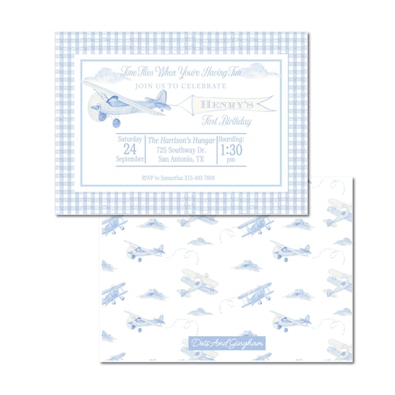 Watercolor Airplane Invitation, Plane Invite, Time Flies Invitation, Boy Birthday Airplane Party
