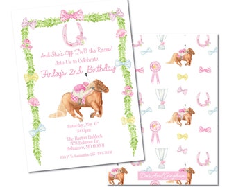 May include: Watercolor birthday invitations with a horse and rider, pink bows, and floral accents. The invitation reads "And She's Off TWO the Races!" and "Finley's 2nd Birthday". A matching patterned card features horses, ribbons, and bows.