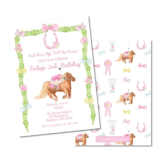 Watercolor Derby Invitation, Horse Racing Invite, Off TWO The Races Birthday, Bow and Horse Invitation