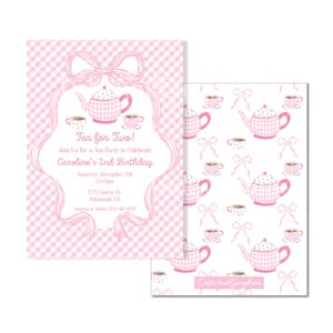 Tea Party Invitation, Tea for Two Party Invitation, Let's Par-Tea Invitation, Watercolor Grandmillenial Bow Tea Party Invitation