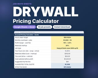 Drywall Pricing Calculator for Drywall Pros | Job Quote Sheet with Trip Fee, Materials Markup & Profit Margin | Google Sheets Excel