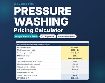 Pressure Washing Pricing Calculator | Job Quote Sheet: Trip Fee, Markup, Profit Margin | Google Sheets Excel