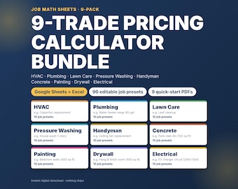 9 Trade Pricing Calculators | HVAC Plumbing Lawn Care Pressure Washing Handyman Concrete Painting Drywall Electrical | Google Sheets Excel
