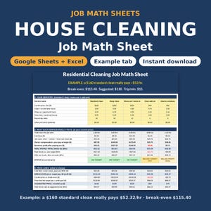 House Cleaning Pricing Calculator | Standard, Deep & Move-Out Clean Price List, Break-Even and Trip Fee Template | Google Sheets Excel