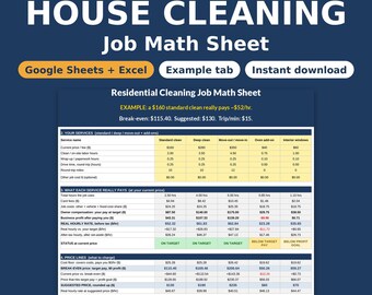 House Cleaning Pricing Calculator | Standard, Deep & Move-Out Clean Price List, Break-Even and Trip Fee Template | Google Sheets Excel