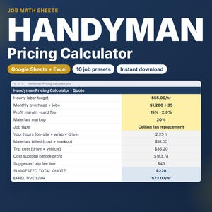 Handyman Pricing Calculator for Handymen | Job Quote Sheet with Trip Fee, Materials Markup & Profit Margin | Google Sheets Excel image 1