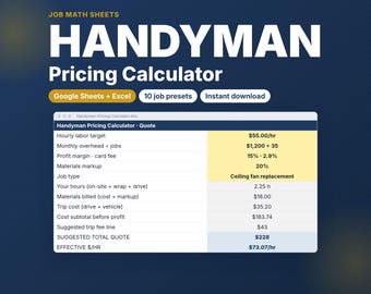 Handyman Pricing Calculator for Handymen | Job Quote Sheet with Trip Fee, Materials Markup & Profit Margin | Google Sheets Excel