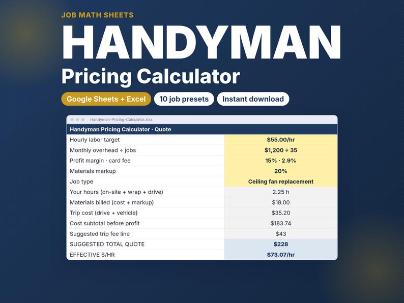 Handyman Pricing Calculator for Handymen | Job Quote Sheet with Trip Fee, Materials Markup & Profit Margin | Google Sheets Excel image 1