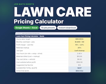 Lawn Care Pricing Calculator for Lawn Care Pros | Job Quote Sheet with Trip Fee, Materials Markup & Profit Margin | Google Sheets Excel