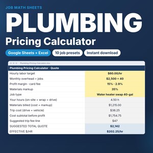 Plumbing Pricing Calculator for Plumbers | Job Quote Sheet with Trip Fee, Materials Markup & Profit Margin | Google Sheets Excel image 1