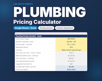 Plumbing Pricing Calculator for Plumbers | Job Quote Sheet with Trip Fee, Materials Markup & Profit Margin | Google Sheets Excel