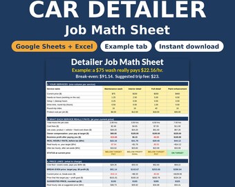 Car Detailing Pricing Calculator | Mobile Detailer Job Math Sheet, Break-Even, Trip Fee & Price List Template | Google Sheets Excel