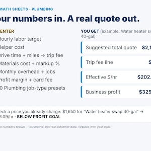 Plumbing Pricing Calculator for Plumbers | Job Quote Sheet with Trip Fee, Materials Markup & Profit Margin | Google Sheets Excel image 2