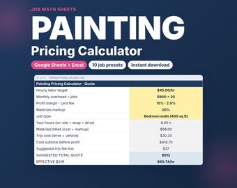 Painting Pricing Calculator for Painters | Job Quote Sheet with Trip Fee, Materials Markup & Profit Margin | Google Sheets Excel