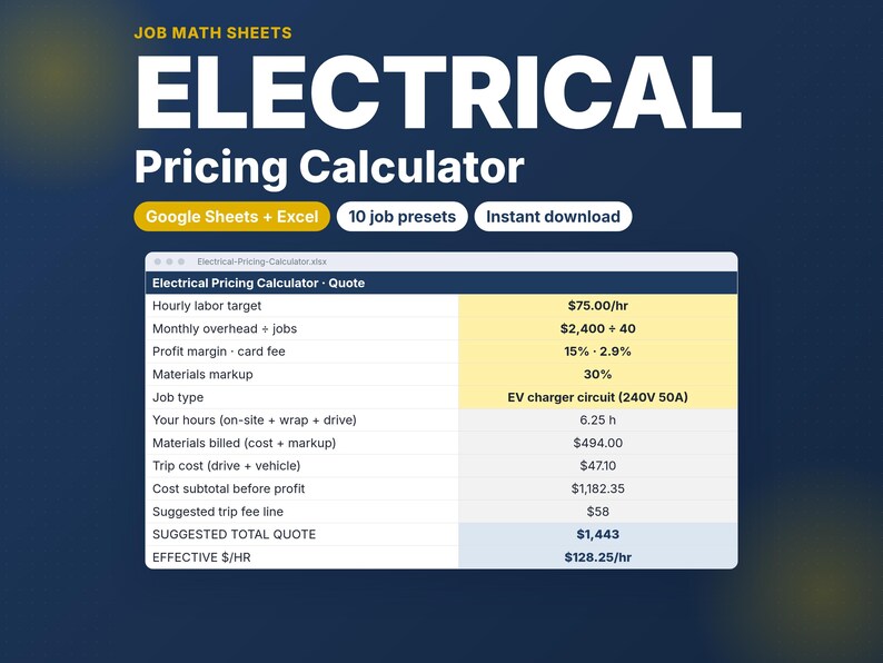 Electrical Pricing Calculator for Electricians | Job Quote Sheet with Trip Fee, Materials Markup & Profit Margin | Google Sheets Excel image 1