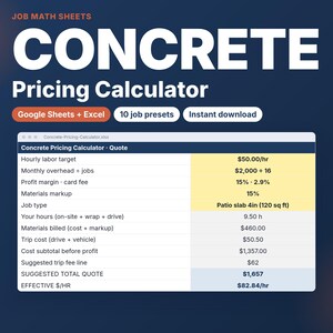 Preiskalkulator für Betonarbeiten | Angebotsformular mit Anfahrtskosten, Materialaufschlag und Gewinnspanne | Google Tabellen/Excel