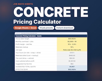 Concrete Pricing Calculator for Concrete Pros | Job Quote Sheet with Trip Fee, Materials Markup & Profit Margin | Google Sheets Excel