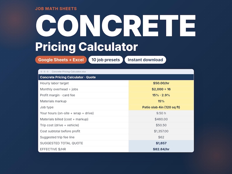 Concrete Pricing Calculator for Concrete Pros | Job Quote Sheet with Trip Fee, Materials Markup & Profit Margin | Google Sheets Excel image 1