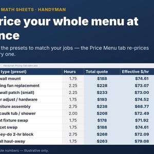 Handyman Pricing Calculator for Handymen | Job Quote Sheet with Trip Fee, Materials Markup & Profit Margin | Google Sheets Excel image 3