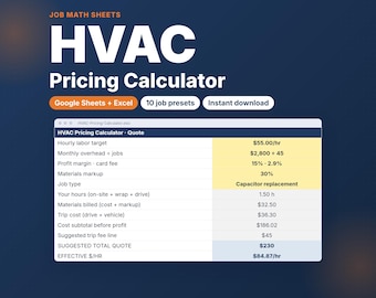 HVAC Pricing Calculator for HVAC Techs | Job Quote Sheet with Trip Fee, Materials Markup & Profit Margin | Google Sheets Excel