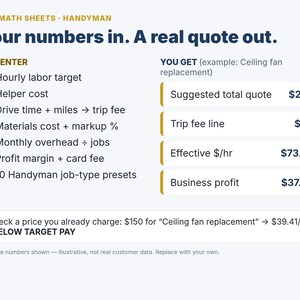 Handyman Pricing Calculator for Handymen | Job Quote Sheet with Trip Fee, Materials Markup & Profit Margin | Google Sheets Excel image 2