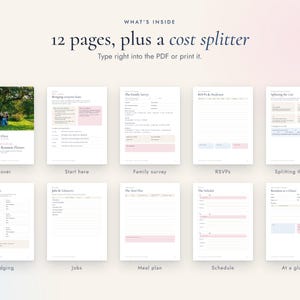 May include: A digital family reunion planner set featuring 12 pages and a cost splitter. The document includes sections for a cover, start here, family survey, RSVPs, splitting the cost, lodging, jobs, meal plan, schedule, and at a glance.
