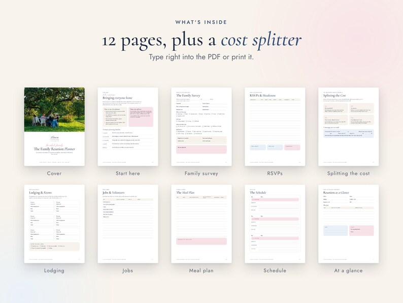 May include: A digital family reunion planner set featuring 12 pages and a cost splitter. The document includes sections for a cover, start here, family survey, RSVPs, splitting the cost, lodging, jobs, meal plan, schedule, and at a glance.